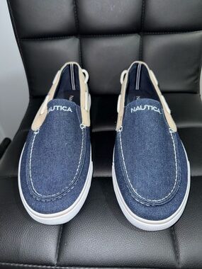Nautica Denim-Look Slip-On Boat Shoes in Navy and Tan 9.5